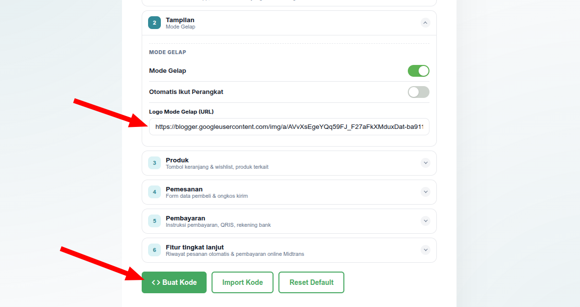 Isi URL logo mode gelap di generator
