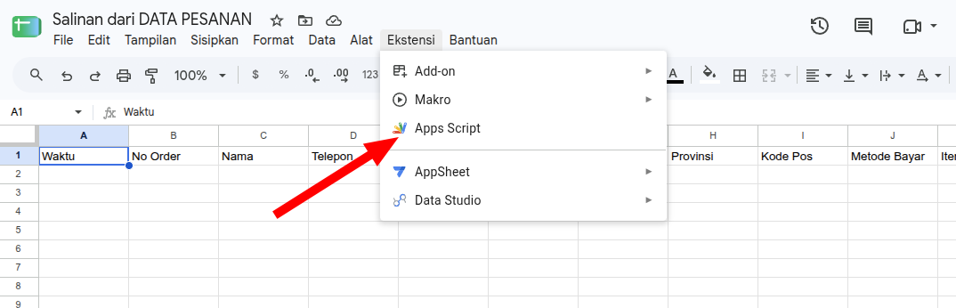 Menu Ekstensi di Google Sheets