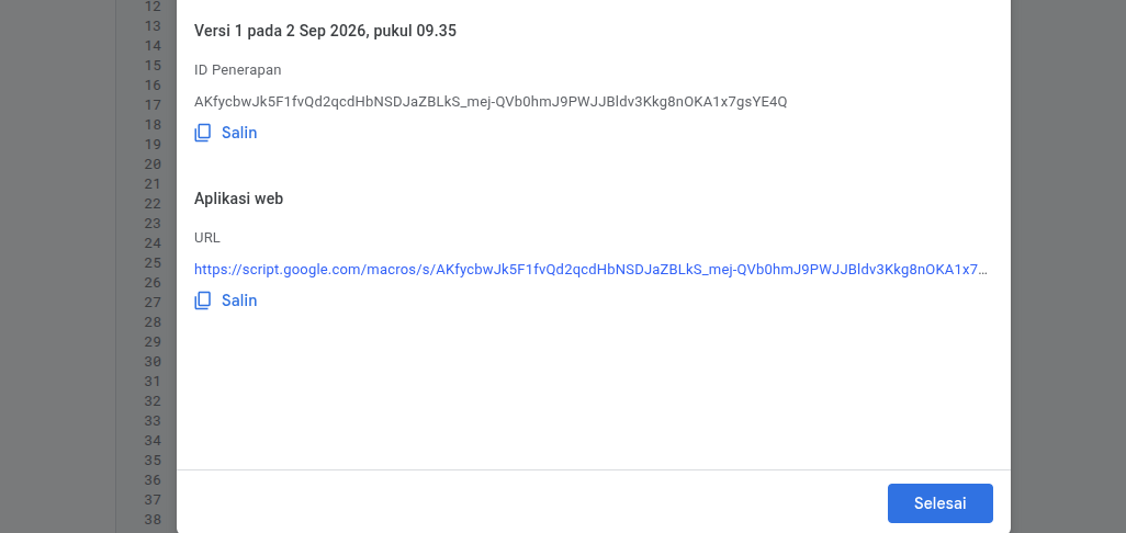 Deployment berhasil, salin URL web app
