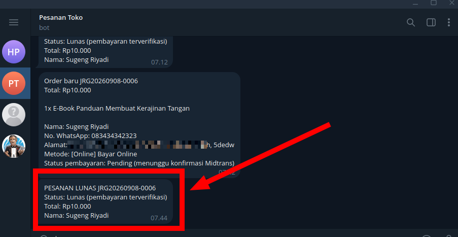 Notifikasi telegram lunas