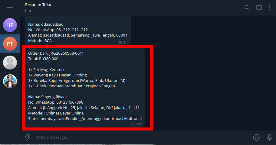 Notifikasi pesanan telgram