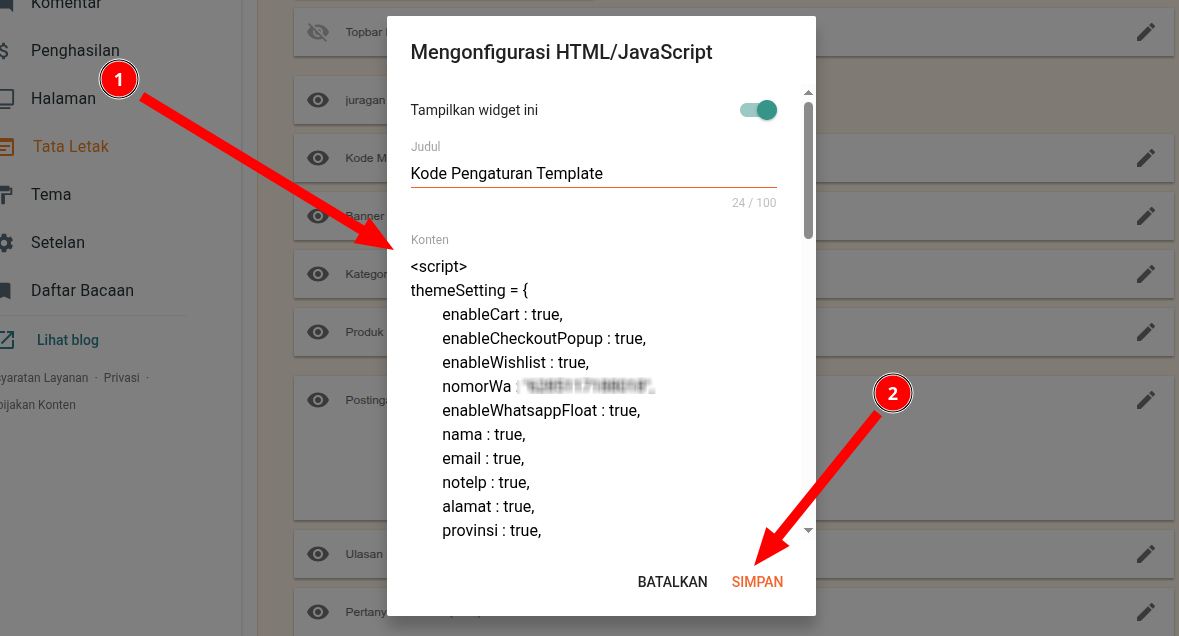 Tempel kode di widget Kode Pengaturan Template